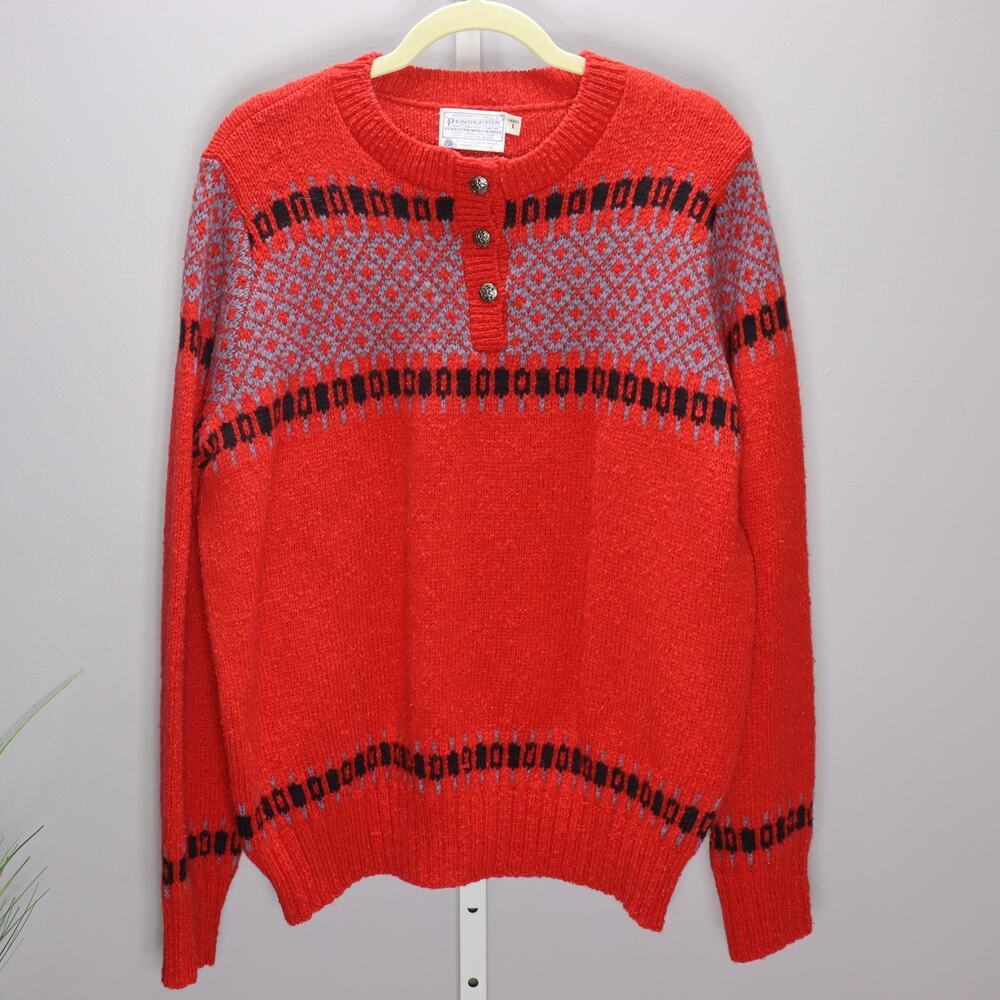 Vintage Pendleton Wool Sweater Red Fair Isle‎ Henley Made in USA L